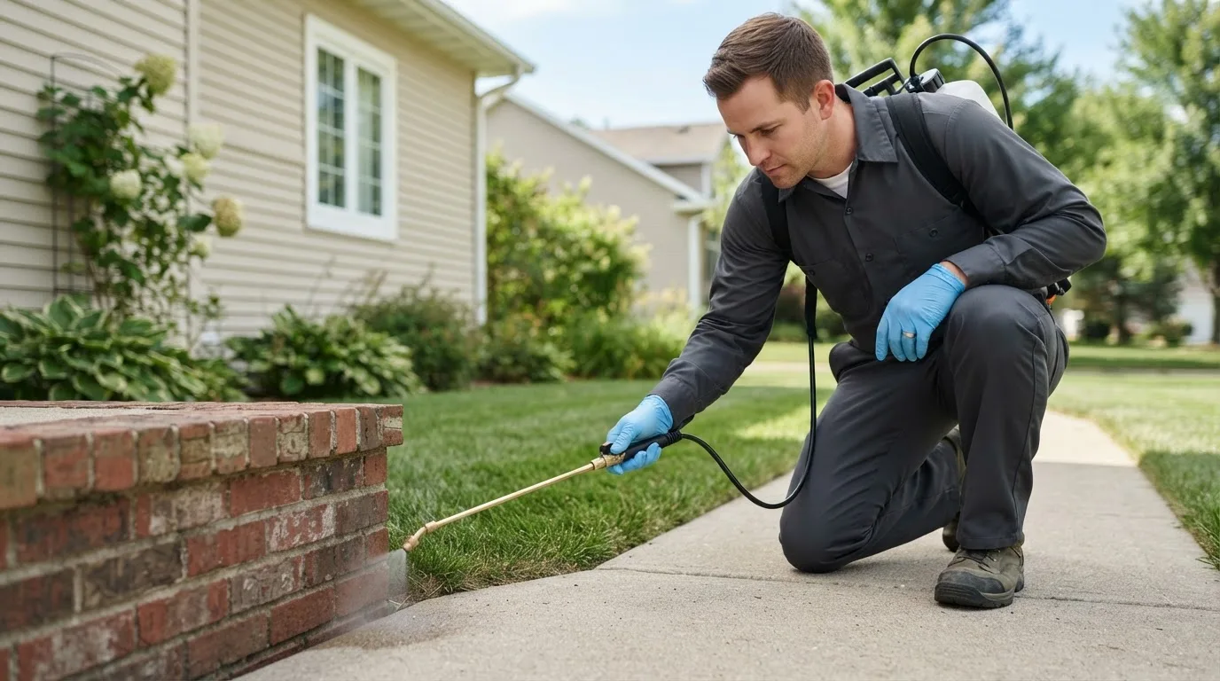 Pest control technician treating a home near Jessie, ND