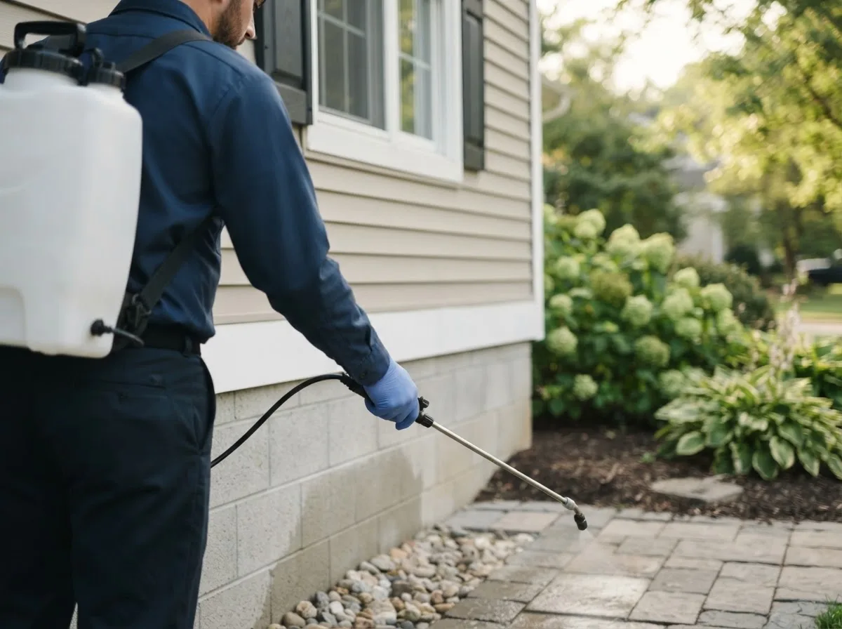 Pest control technician inspecting a home in Jessie, ND
